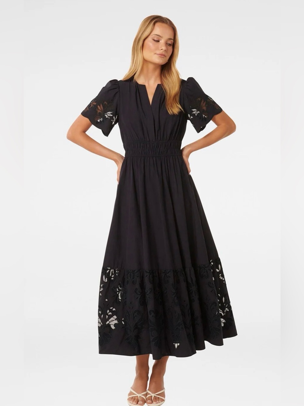 Navy blue Cutwork Midi Dress with Smocked Waist